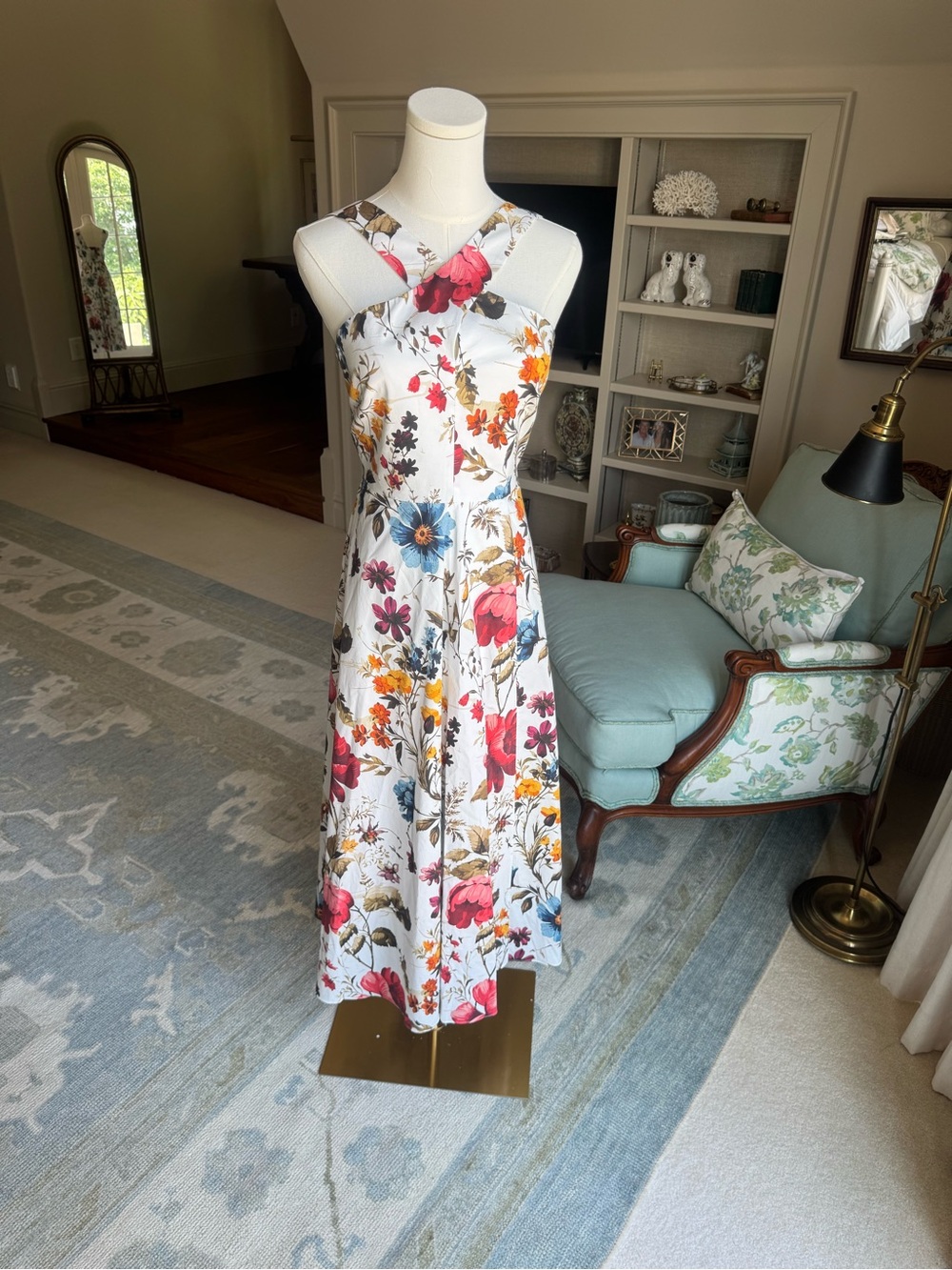 Mikael Aghal White Midi Dress with Red, Blue & Orange Floral Print